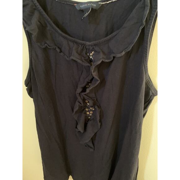 Tommy Hilfiger Tank Blouse Womens M Dark Blue Ruffle Gold Sequin Round Neck - Picture 2 of 6